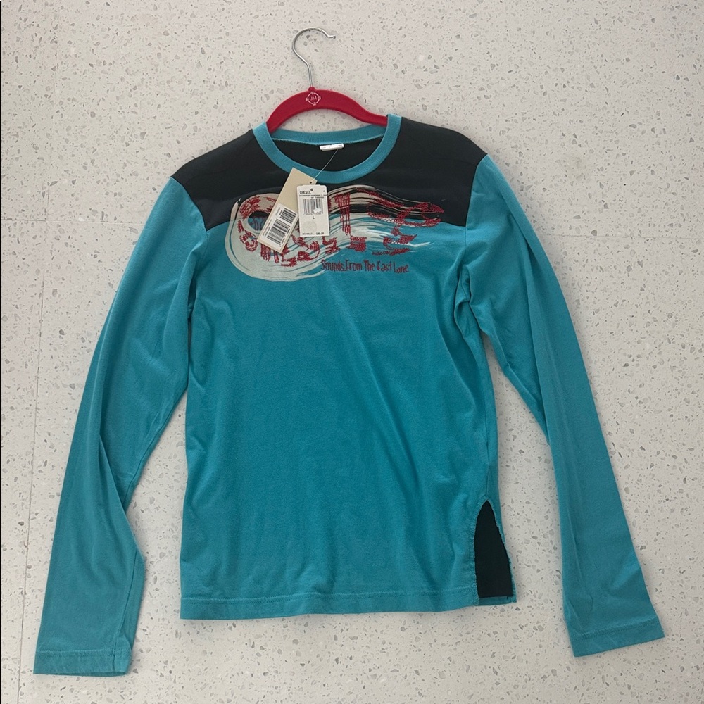 Diesel Kids Turquoise Black Long Sleeve Shirt Size Large NWT 90s Y2K Vintage